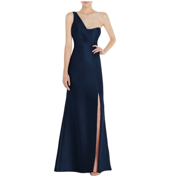 NWT Alfred Sung One-Shoulder Satin Twill Trumpet Gown Midnight Navy size 4 - Picture 1 of 8